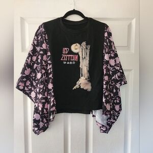 Handmade Black Graphic Tee Kamono style Pink Floral Sleeves OD